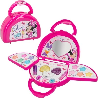 Estojo de maquilhagem infantil cor-de-rosa com imagens da Minnie e Daisy e acessório com espelho em forma de coração
