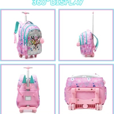 Mochila escolar rosa com rodas e pega retrátil vista de vários ângulos