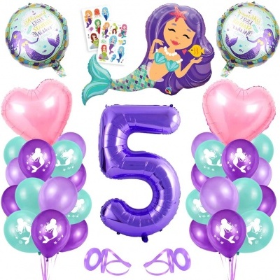 Conjunto de balões coloridos de festa infantil com tema de sereia e número 5