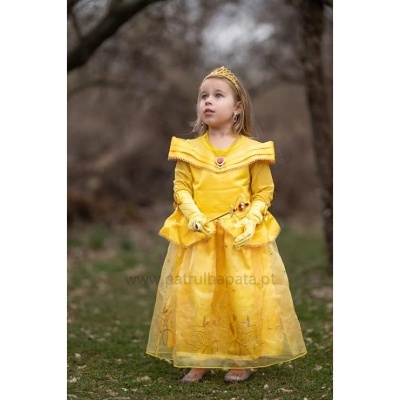 Vestido de princesa infantil amarelo com acessórios dourados