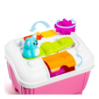 Brinquedo educativo colorido com peças móveis e figura de coelho azul