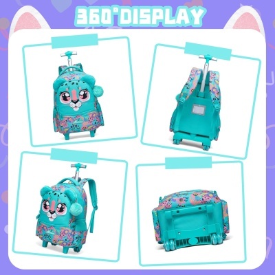 Mochila de carrinho infantil azul turquesa com estampa de carinhas e rodas