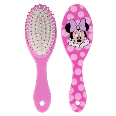 Escova de cabelo infantil rosa com imagem da Minnie Mouse e bolinhas