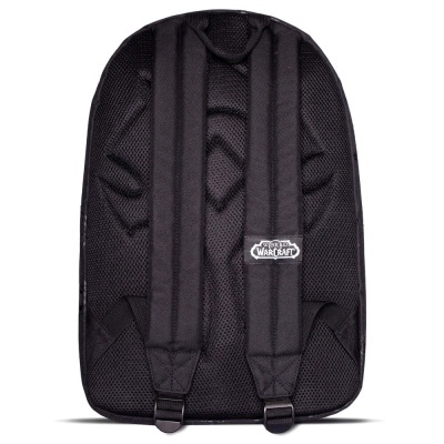 Mochila preta com alças acolchoadas e etiqueta 'WORLD OF WARCRAFT'