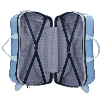 Mala de viagem azul claro aberta vista interior com cintas de segurança