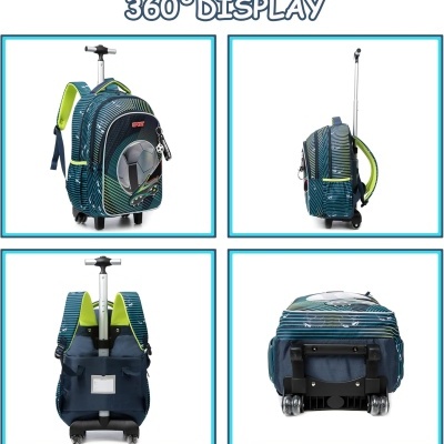 Mochila de rodas azul com riscas e detalhes verdes, pega extensível, bolsos e rodas.