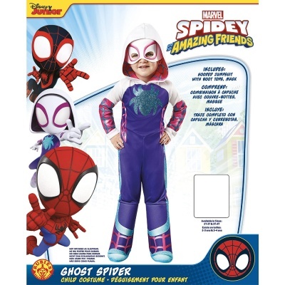 Fato de criança Ghost Spider roxo, branco e rosa com capuz e máscara embalado
