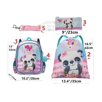 Conjunto de mochila, saco e estojo com design de panda em azul, rosa e lilás