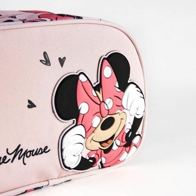 Mochila cor-de-rosa com estampa da Minnie Mouse e laço cor-de-rosa com bolinhas brancas