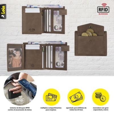 Carteiras em couro castanho com múltiplos compartimentos e bloqueio RFID