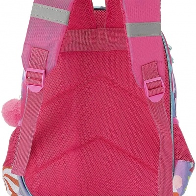 Mochila infantil rosa com alças acolchoadas e detalhes coloridos
