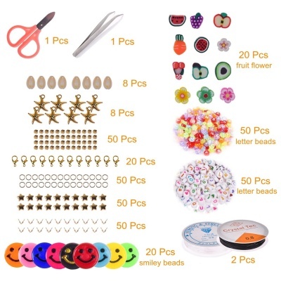 Kit para fazer bijuteria com acessórios variados incluindo tesoura, pinça, contas e fios