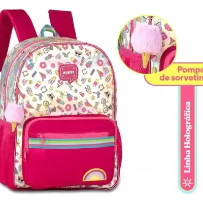 Mochila infantil com padrão colorido, bolso rosa e pompom rosa