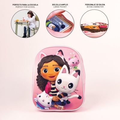 Mochila escolar cor-de-rosa com personagem 3D EVA e estampas de gatos
