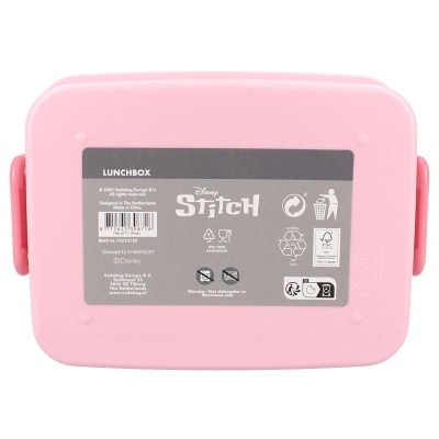 Lunchbox cor-de-rosa com etiqueta cinza Disney Stitch e símbolos de reciclagem