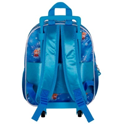 mochila azul com alças acolchoadas e rodas, com padrão de personagens de desenho animado