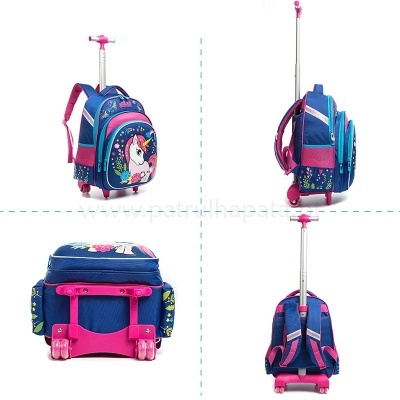 Mochila azul com estampa de unicórnio, carrinho rosa e várias divisórias