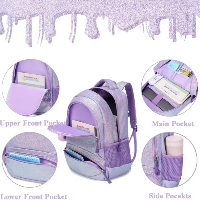 Mochila escolar roxa com bolsos e divisões visíveis