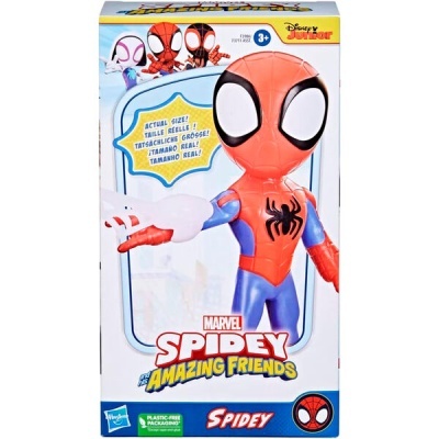 Figura de ação Spidey Marvel na embalagem com fundo branco e detalhes em azul, vermelho e amarelo.