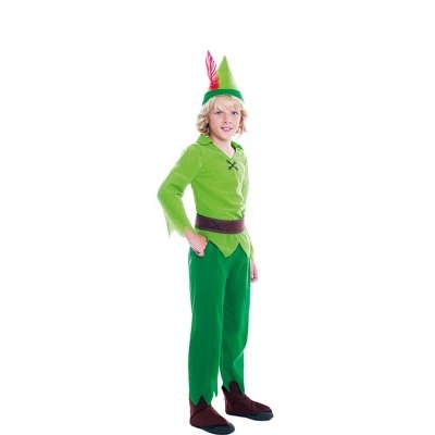 Fantasia infantil verde com chapéu com pena e cinto castanho