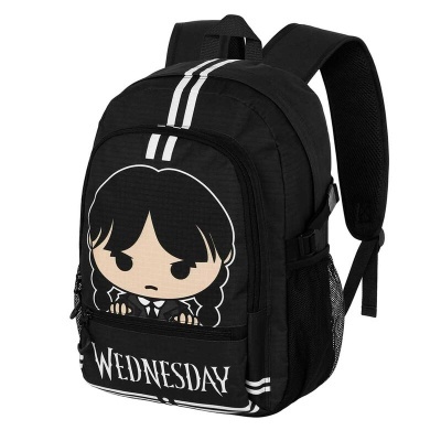Mochila preta com estampa de personagem e texto WEDNESDAY