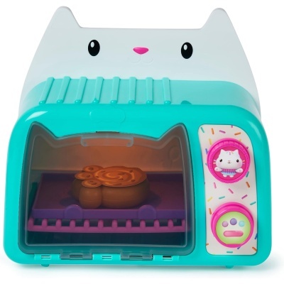 forno de brinquedo com rosto de gato e botões coloridos