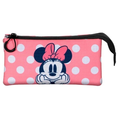 Estojo escolar rosa com bolas brancas e imagem da Minnie