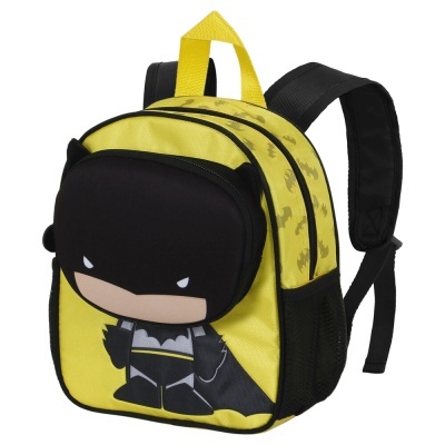 Mochila infantil amarela e preta com estampa de personagem tipo Batman