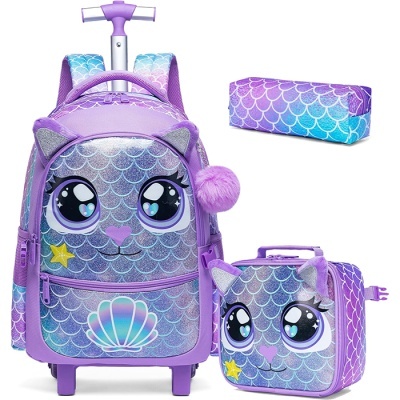 Conjunto Escolar Trolley Gatinha Sereia - Trolley + lancheira + porta-lápis