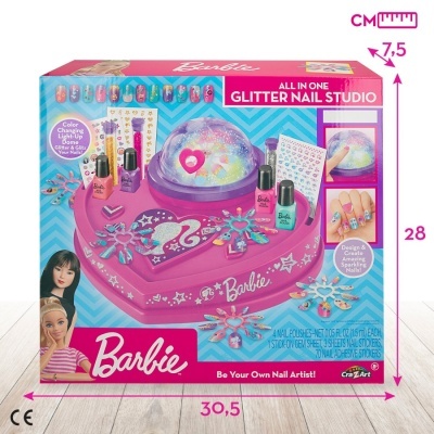 Conjunto Barbie GLITTER NAIL STUDIO para unhas com acessórios e caixa colorida