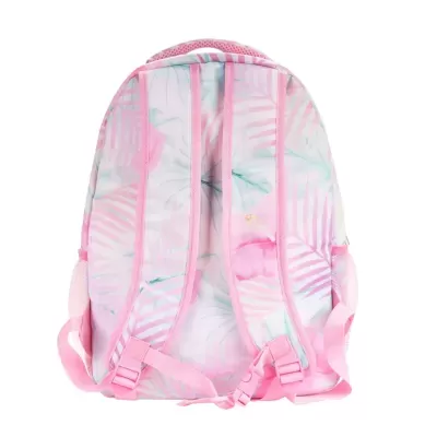 Mochila rosa e branca com padrão de folhas, vista traseira