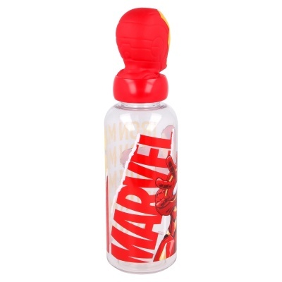 Garrafa transparente com tampa vermelha e tema MARVEL e Homem de Ferro