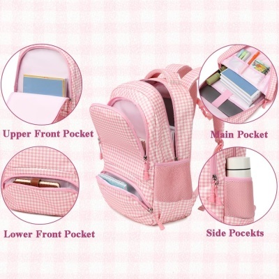 Mochila rosa com vários bolsos e padrão quadriculado branco