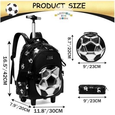 Mochila com carrinho e acessórios com padrão de bolas de futebol preto e branco