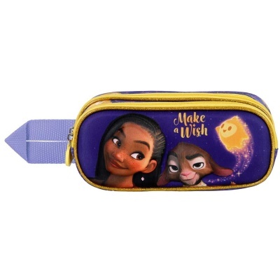 Estojo roxo e amarelo com personagens Moana e Pua e texto Make a Wish