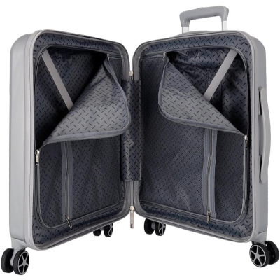 mala de viagem rígida cinza aberta com divisórias internas e rodas