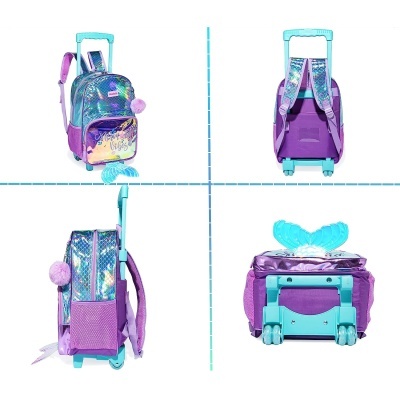 Mocha roxo metálico com rodas e asas azuis, vista de vários ângulos