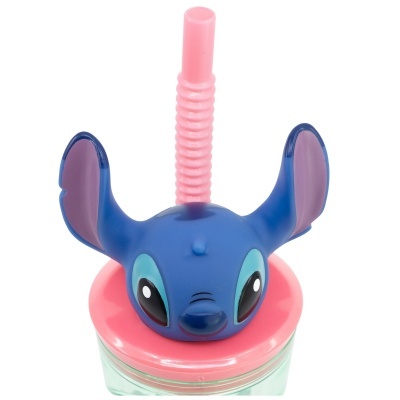 Garrafa com tampa rosa e figura da personagem Stitch azul no topo