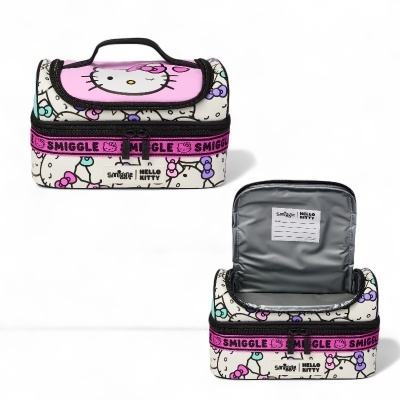 Estojo duplo Smiggle Hello Kitty branco com padrão colorido e interior cinza