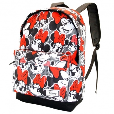Mochila Disney Minnie preta, branca e vermelha com estampa da Minnie e laços vermelhos