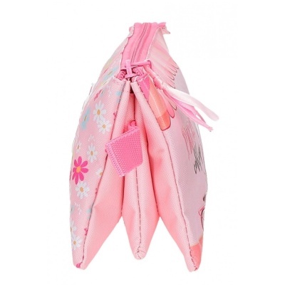 Bolsa pequena rosa com padrão de flores e três compartimentos