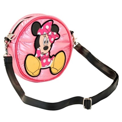 Mala redonda rosa com imagem da Minnie Mouse e alça preta