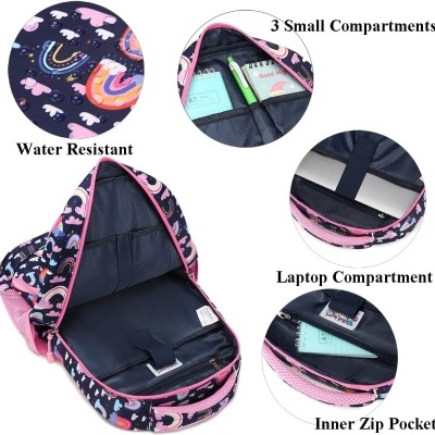 Mochila colorida com padrão de arco-íris e nuvens, vista aberta mostrando vários compartimentos internos