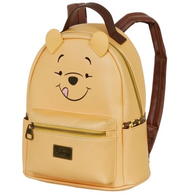 Mochila infantil bege com desenho do Ursinho Pooh e alças castanhas acolchoadas