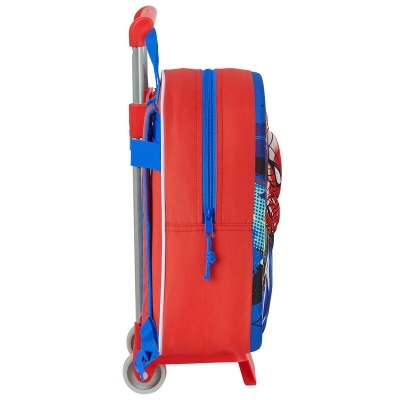Mala de rodas vermelha e azul para crianças vista de perfil.