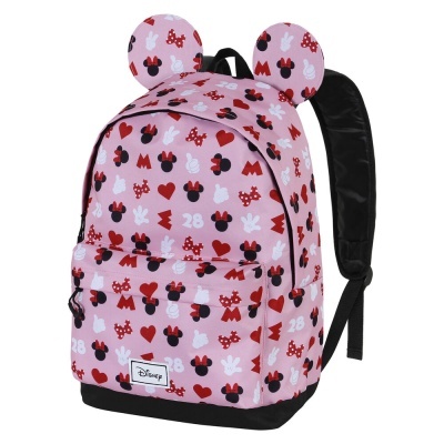 Mochila rosa Disney com padrão Minnie, corações e números 28, com orelhas de rato