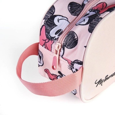 Mala de mão pequena cor-de-rosa com padrão da Minnie e alça rosa