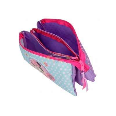 Estojo escolar azul com bolinhas brancas, ilustração de menina e fechos de correr rosa