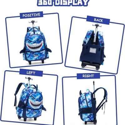 Mochila azul com desenho de tubarão e carrinho extensível
