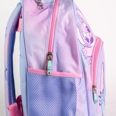 Mochila infantil rosa e lilás com personagem animado e bolsos de rede laterais